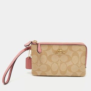 Coach Signature Canvas Double Zip Wristlet in Tan with Pink Trim